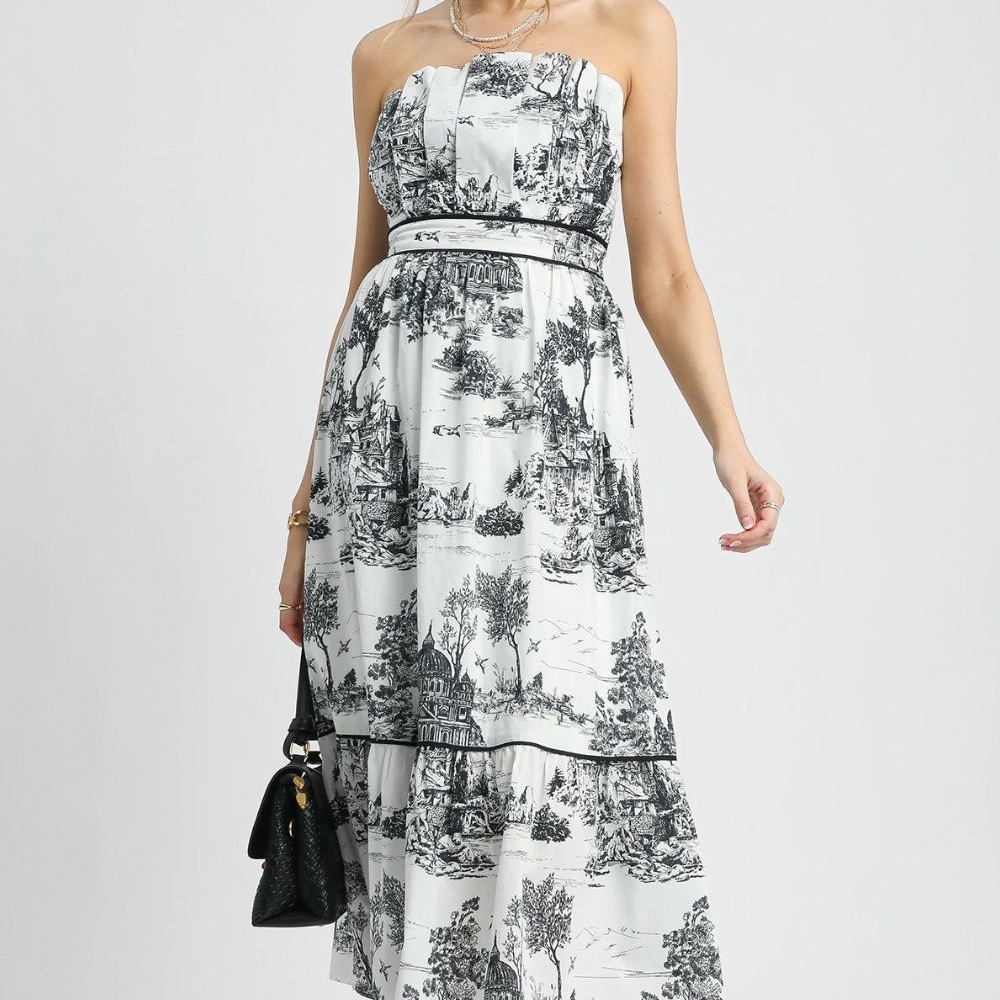 Umgee Printed Tiered Tube Midi Dress